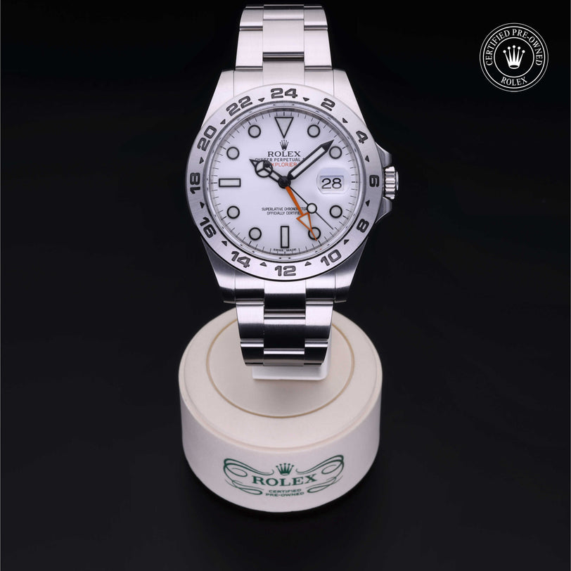 Rolex Certified Pre-owned Explorer M216570-0001 front on black background