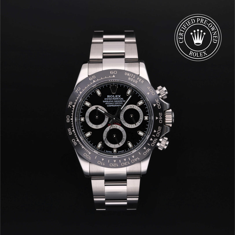 Rolex Certified Pre-owned Daytona M116500LN-0002 front on black background