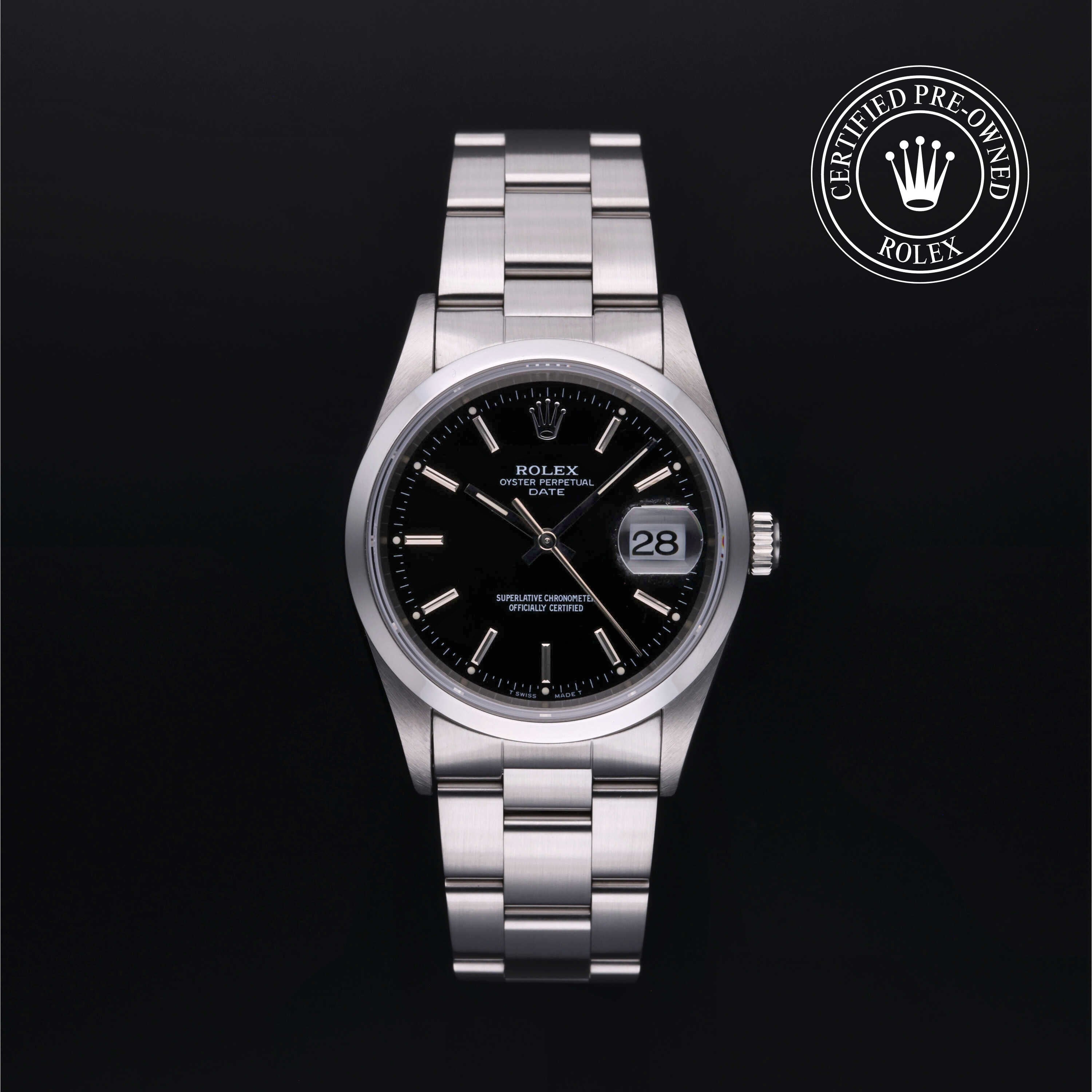Rolex Certified Pre-owned Date M15200-0009 front on black background