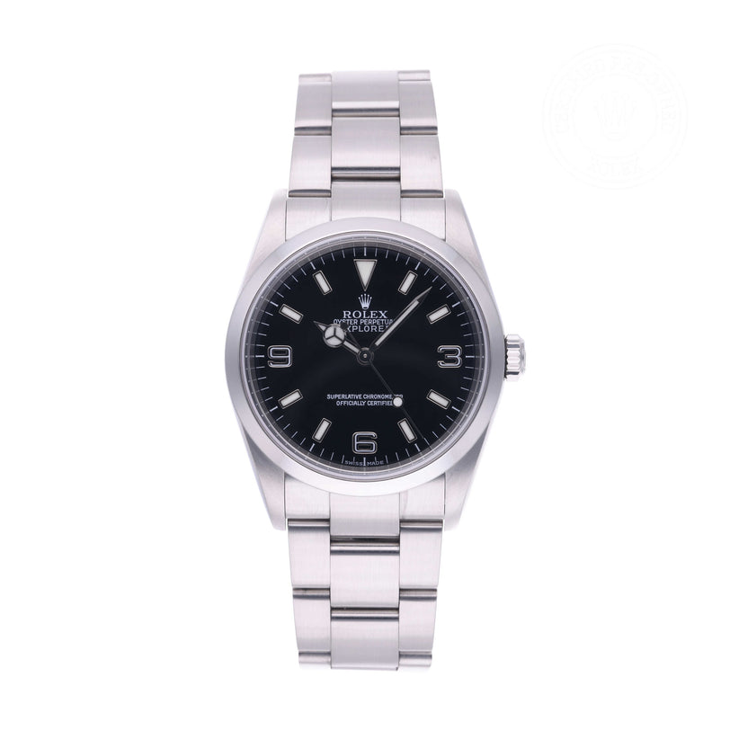 Rolex Certified Pre-owned Explorer M114270-0002 front on white background