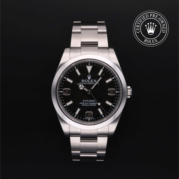 Rolex Certified Pre-owned Explorer M214270-0001 front on black background