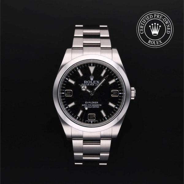 Rolex Certified Pre-owned Explorer M214270-0001 front on black background