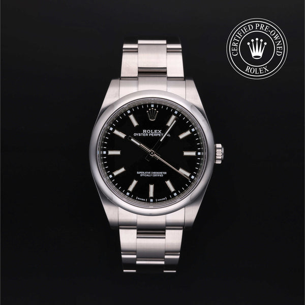 Rolex Certified Pre-owned Oyster Perpetual M114300-0005 front on black background