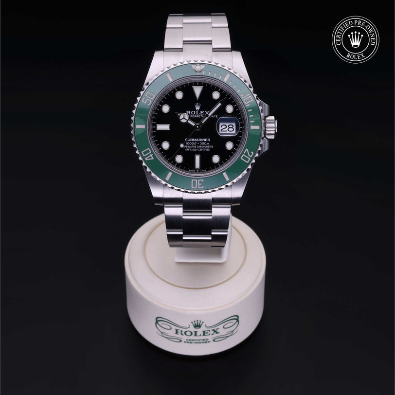 Rolex Certified Pre-owned Submariner M126610LV-0002 front on black background
