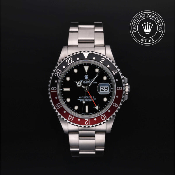 Rolex Certified Pre-owned GMT M16710-0009 front on black background