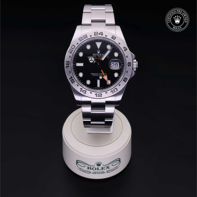 Rolex Certified Pre-owned Explorer M216570-0002 front on black background