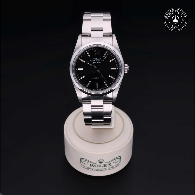 Rolex Certified Pre-owned Air-King M14000M-0009 front on black background