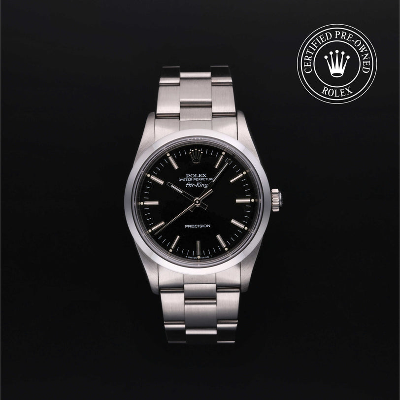 Rolex Certified Pre-owned Air-King M14000-0005 front on black background