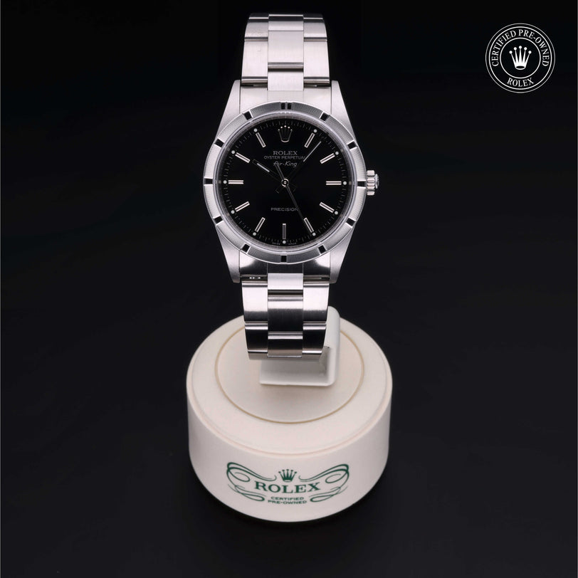 Rolex Certified Pre-owned Air-King M14010M-0012 front on black background