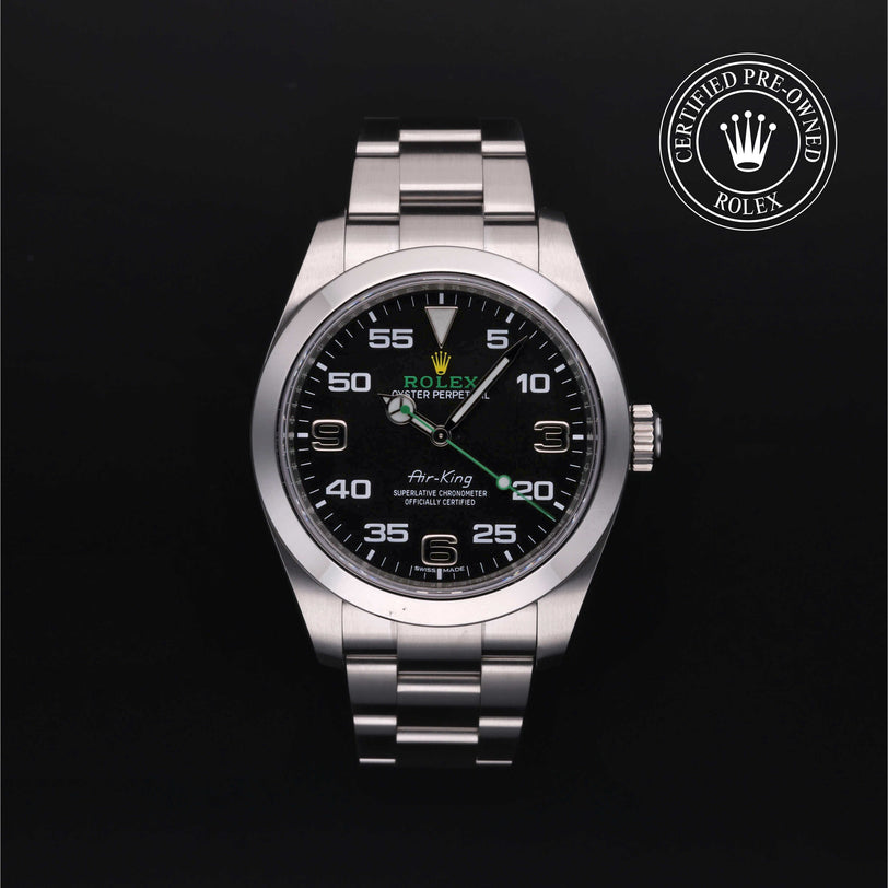 Rolex Certified Pre-owned Air-King M116900-0001 front on black background