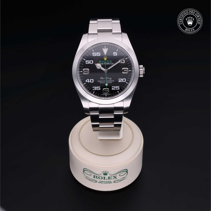 Rolex Certified Pre-owned Air-King M116900-0001 front on black background