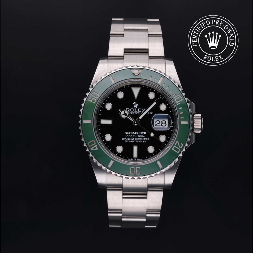 Rolex Certified Pre-owned Submariner M126610LV-0002 front on black background