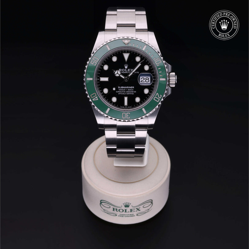 Rolex Certified Pre-owned Submariner M126610LV-0002 front on black background