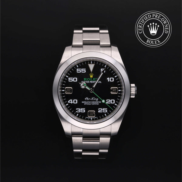 Rolex Certified Pre-owned Air-King M116900-0001 front on black background