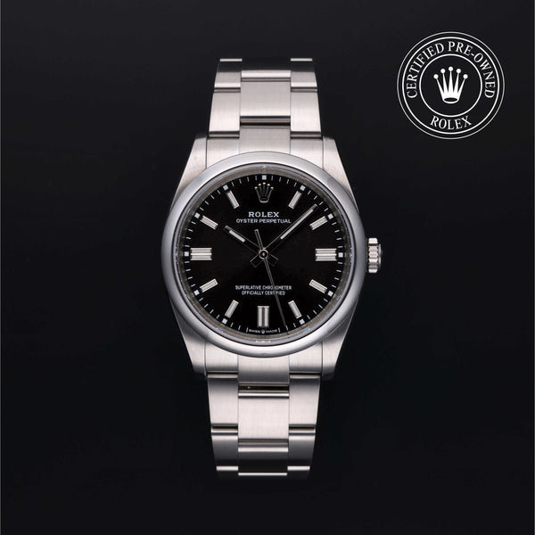 Rolex Certified Pre-owned Oyster Perpetual M126000-0014 front on black background