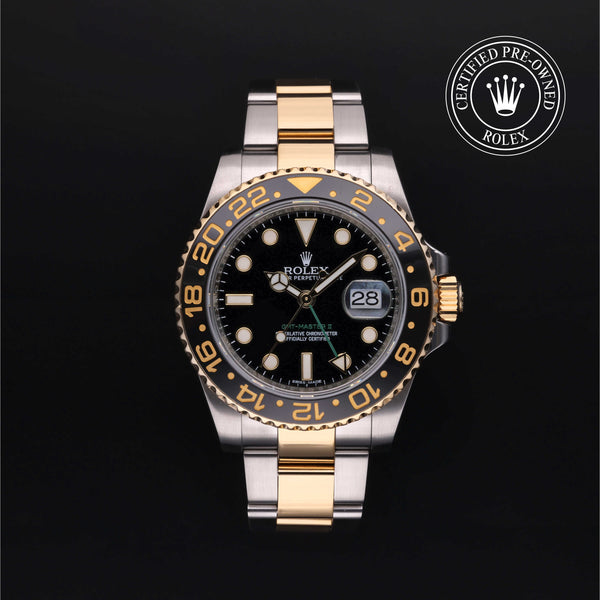 Rolex Certified Pre-owned GMT M116713LN-0001 front on black background