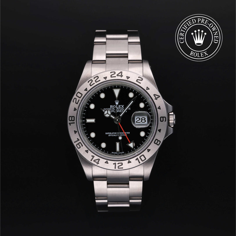 Rolex Certified Pre-owned Explorer M16570-0005 front on black background