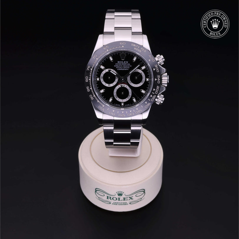 Rolex CPO Daytona M116500LN front on white background