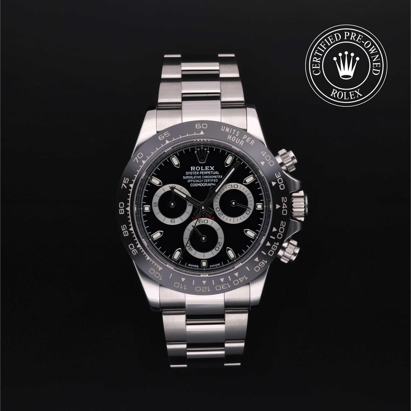 Rolex CPO Daytona M116500LN front on white background