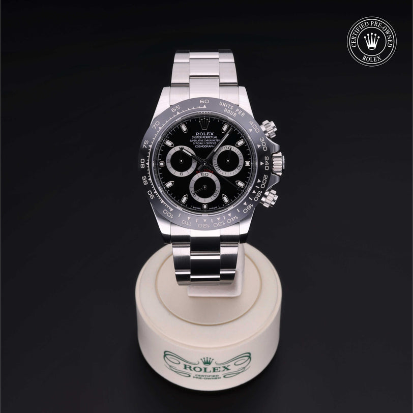Rolex CPO Daytona M116500LN front on white background