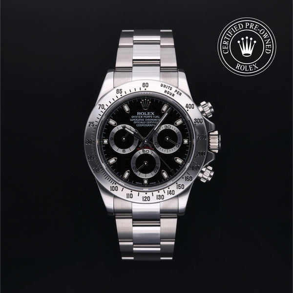 Rolex Certified Pre-owned Daytona M116520-0015 front on black background