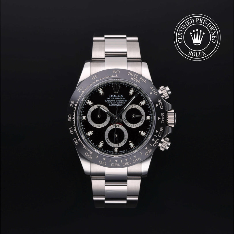 Rolex Certified Pre-owned Daytona M116500LN-0002 front on black background