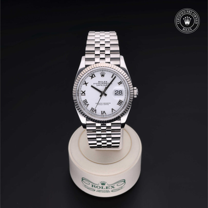 Rolex Certified Pre-owned Datejust M126234-0025 front on black background