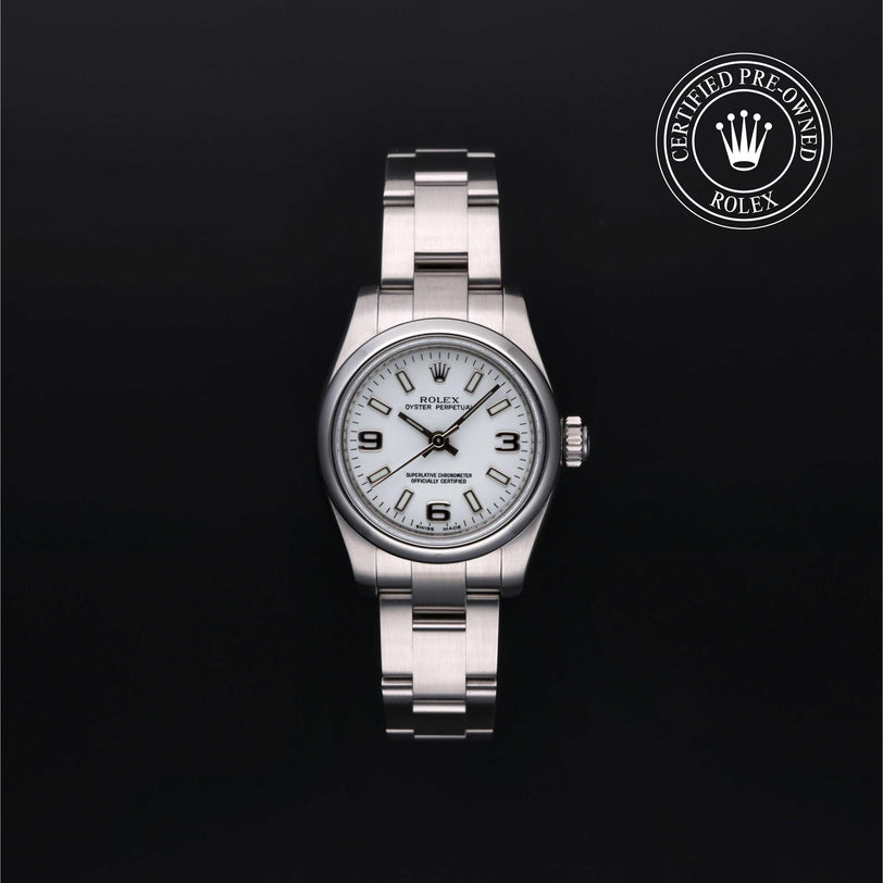 Rolex Certified Pre-owned Oyster Perpetual M176200-0011 front on black background