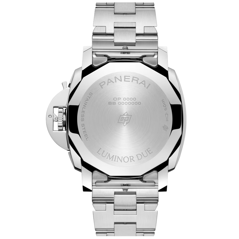 The image shows the back of a Panerai Luminor Due stainless steel automatic watch with an engraved case back, metal bracelet, and visible details including the brand name, model info, and calibre.