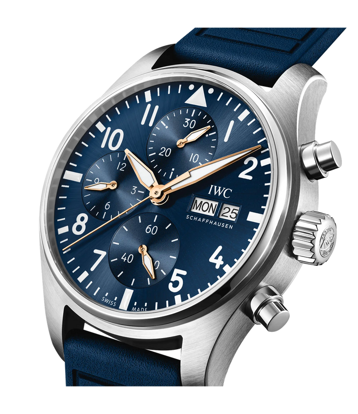 Silver chronograph watch with blue dial, arabic numerals, date window, and blue leather strap.