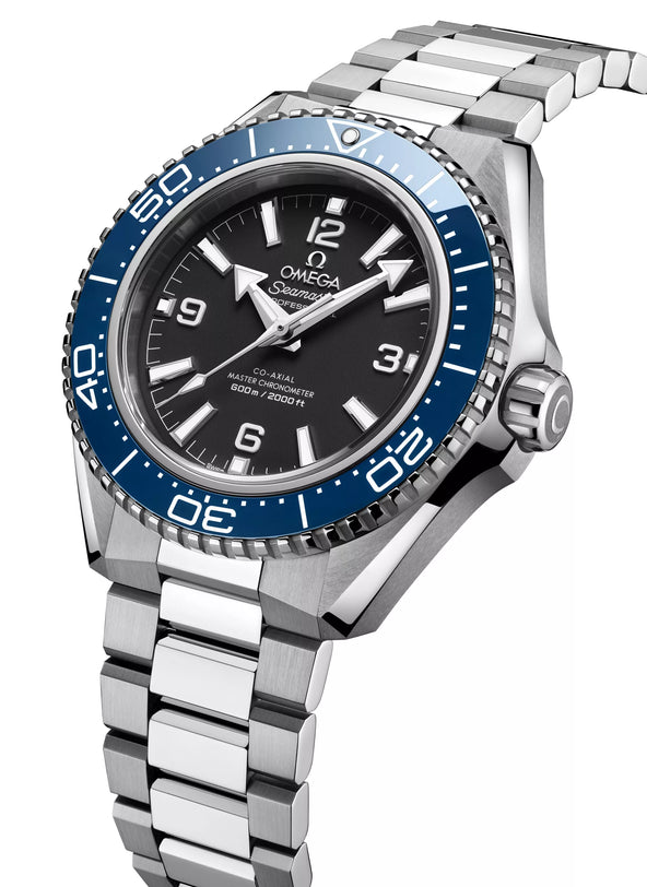 The OMEGA Seamaster Planet Ocean 600mm is a stainless steel dive watch with a blue bezel, black dial, and silver hour markers, shown at an angle to highlight its metal bracelet and Master Chronometer details.