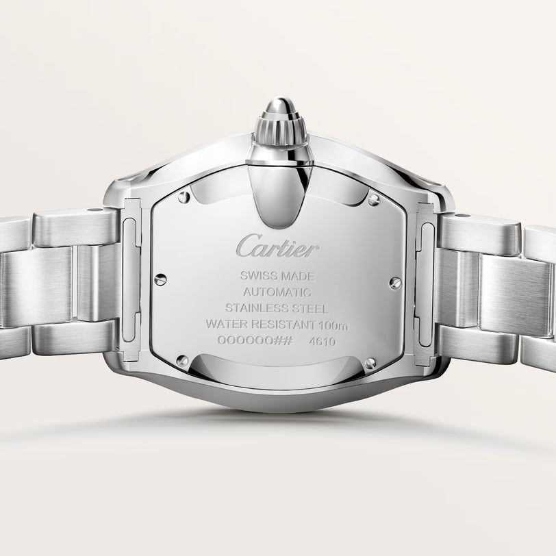 Cartier stainless steel watch back case showing Swiss made automatic movement and water-resistant 100m specifications.
