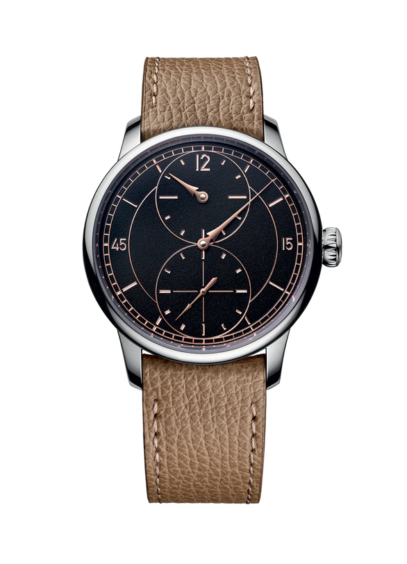 Wristwatch with brown leather strap and black dial on a white background