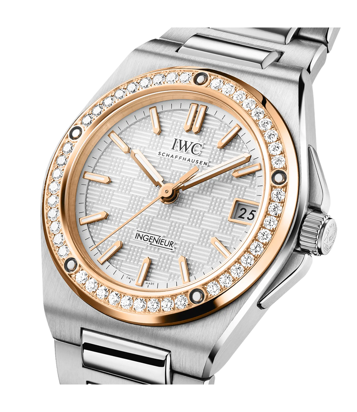 IWC Ingenieur Automatic 35 watch with two-tone steel and rose gold case, diamond bezel, silver dial, and matching bracelet.