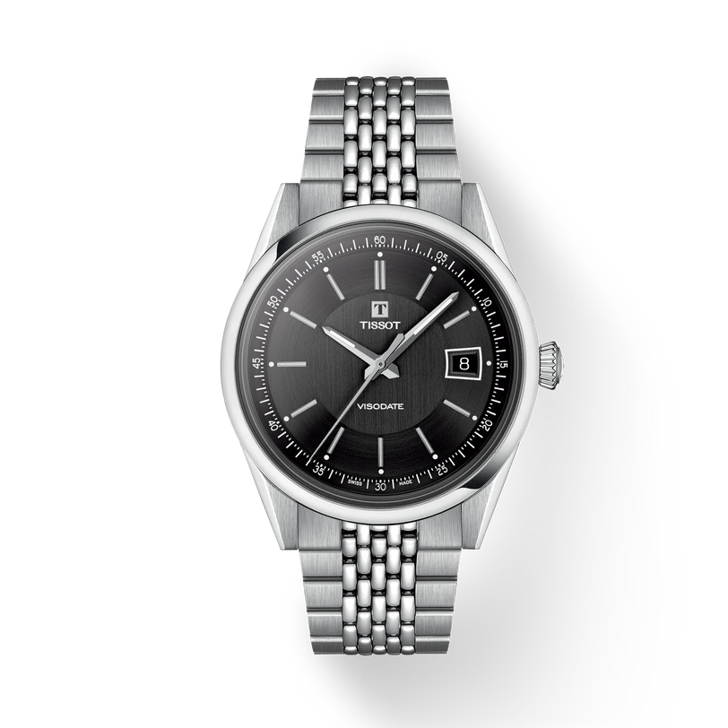 Tissot Visodate 39 stainless steel watch with black dial, date window, and bracelet strap.