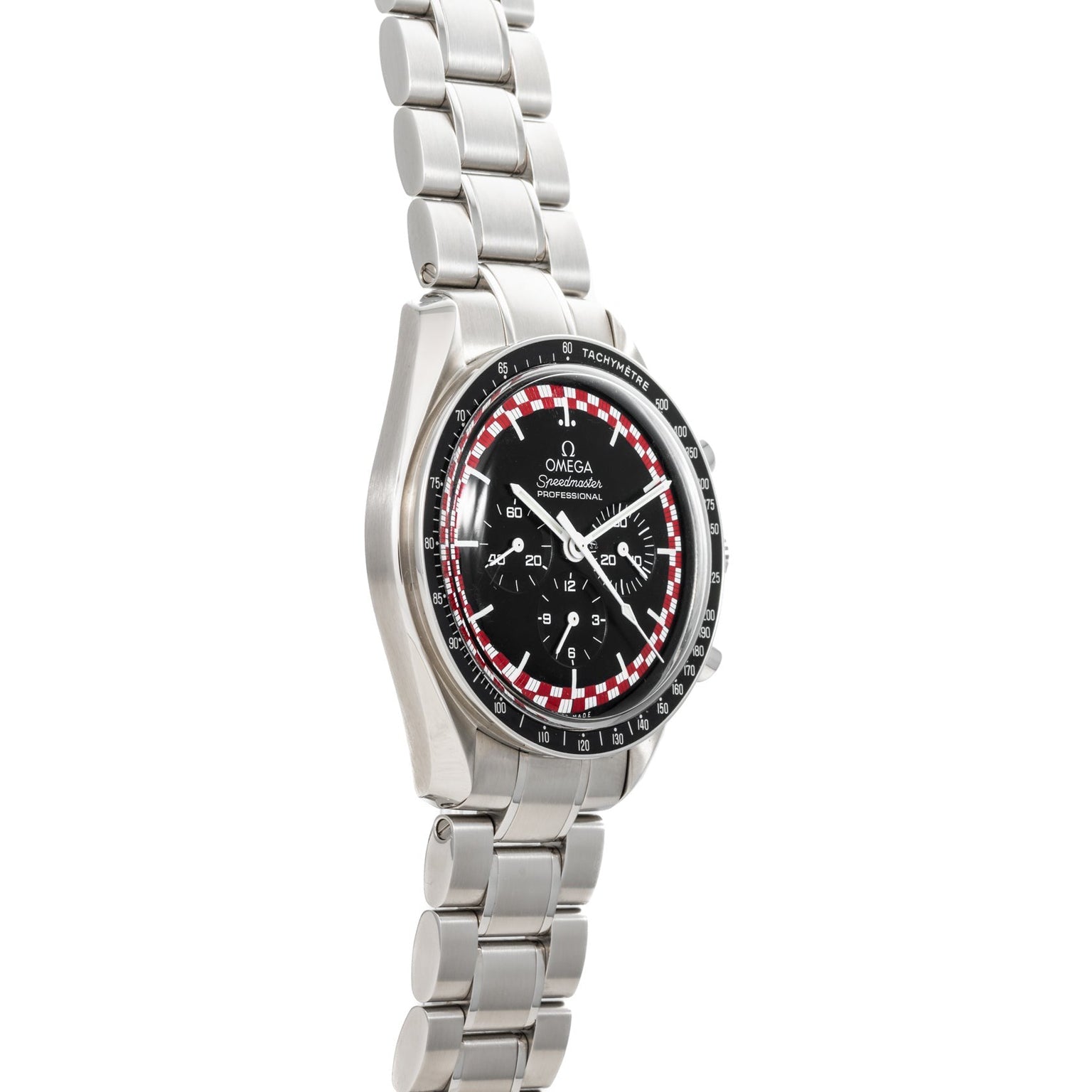 OMEGA Speedmaster Tintin watch featuring a black dial with red and white accents, paired with a stainless steel bracelet.