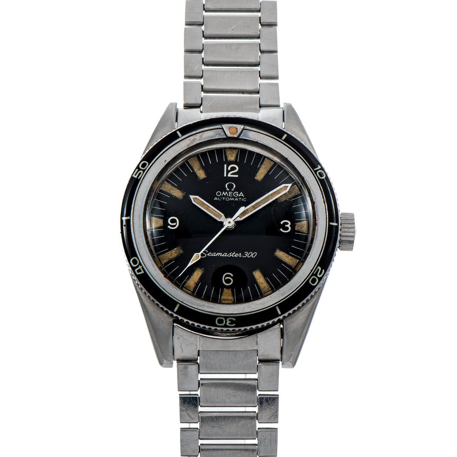 The OMEGA Seamaster 300 is a vintage wristwatch featuring a black dial and silver metal bracelet.
