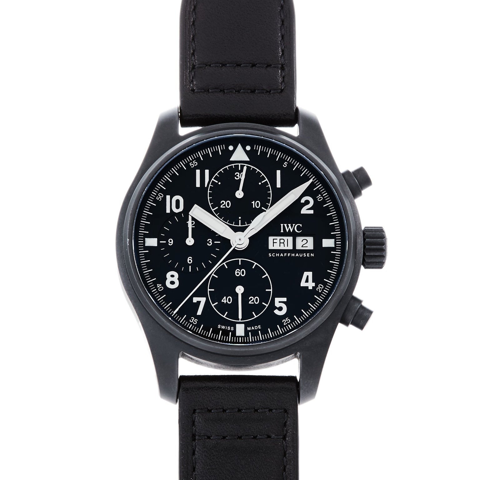 IWC Schaffhausen Pilots Watch Chronograph Tribute To 3705 with black leather strap, white numerals, chronograph feature, and date display set to Tuesday, February 2.