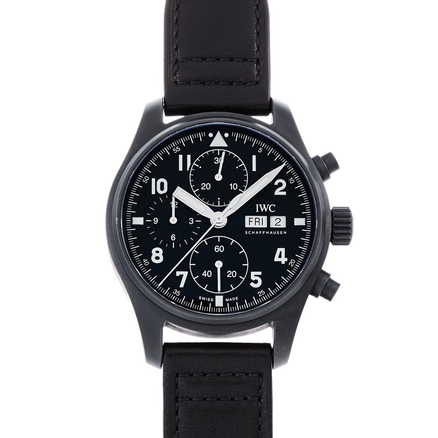 IWC Schaffhausen Pilots Watch Chronograph Tribute To 3705 with black leather strap, white numerals, chronograph feature, and date display set to Tuesday, February 2.