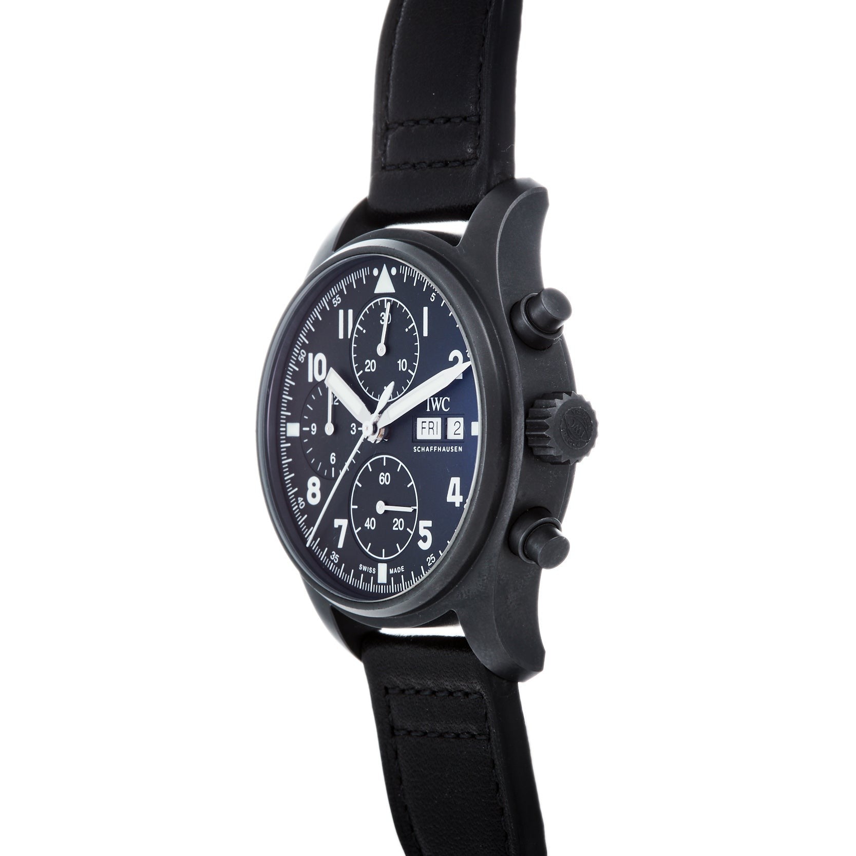 A black IWC Schaffhausen Pilots Watch Chronograph Tribute To 3705 with a leather strap, displayed at an angle to highlight the side buttons and dial.