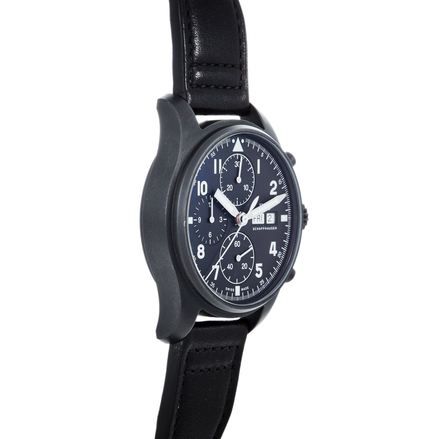 The IWC Schaffhausen Pilots Watch Chronograph Tribute To 3705 features a black leather strap and a round black dial, shown at an angle.