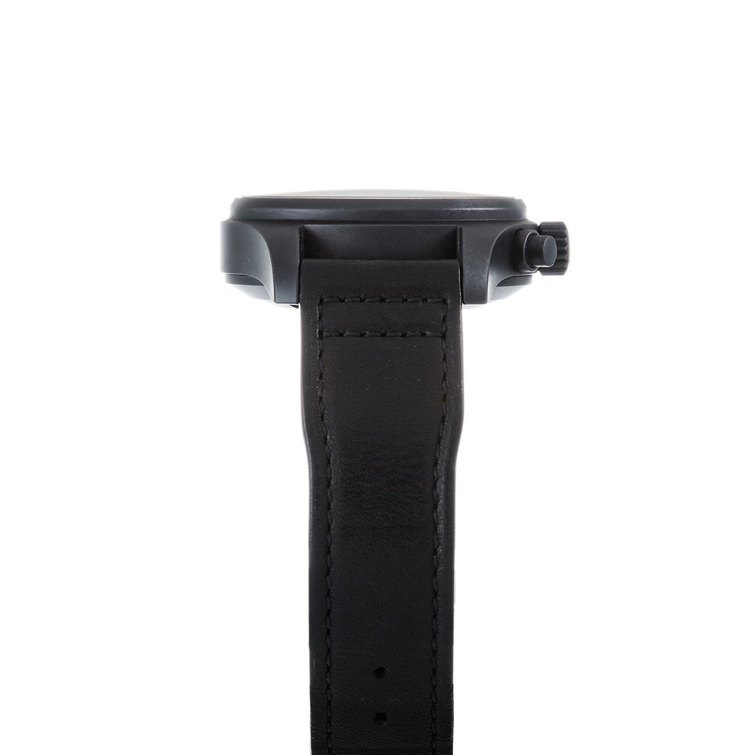 Side view of the IWC Schaffhausen Pilots Watch Chronograph Tribute To 3705 featuring a black leather strap and round case, shown on a white background.