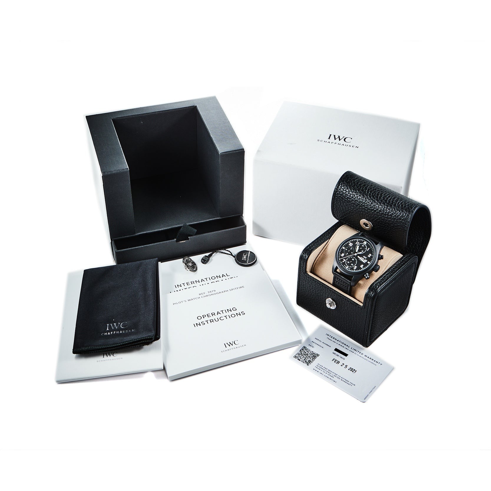 IWC Schaffhausen Pilots Watch Chronograph Tribute To 3705 shown with case, box, manual, cleaning cloth, extra strap, and warranty card displayed on a white background.