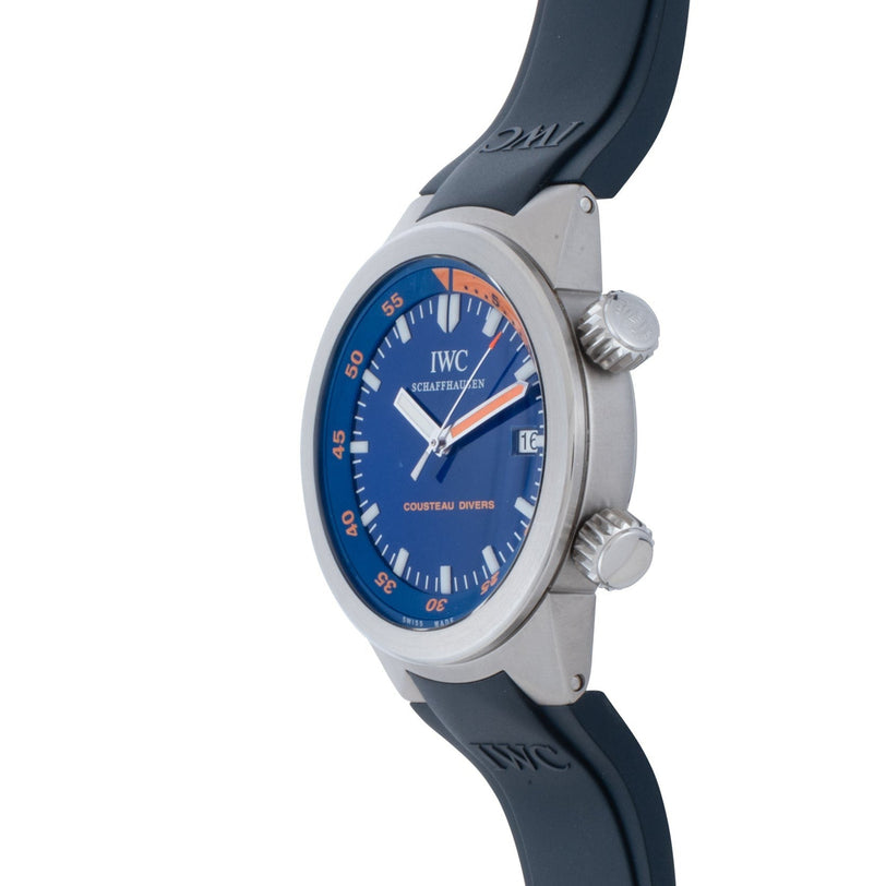 The IWC Schaffhausen Aquatimer Cousteau Divers Limited Edition features a silver case, blue dial, black strap, orange accents, and “Cousteau Divers” text on the face.