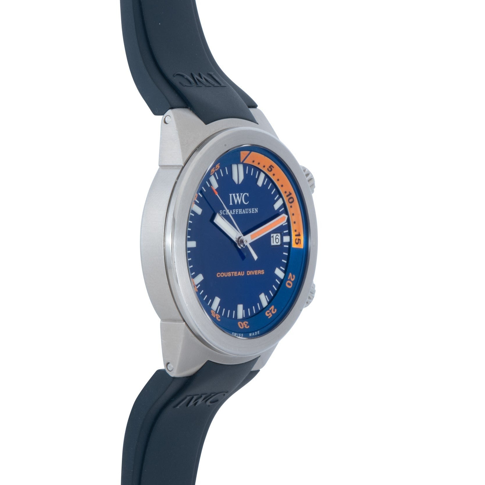 An IWC Schaffhausen Aquatimer Cousteau Divers Limited Edition watch featuring a silver case, blue and orange dial, and black rubber strap.