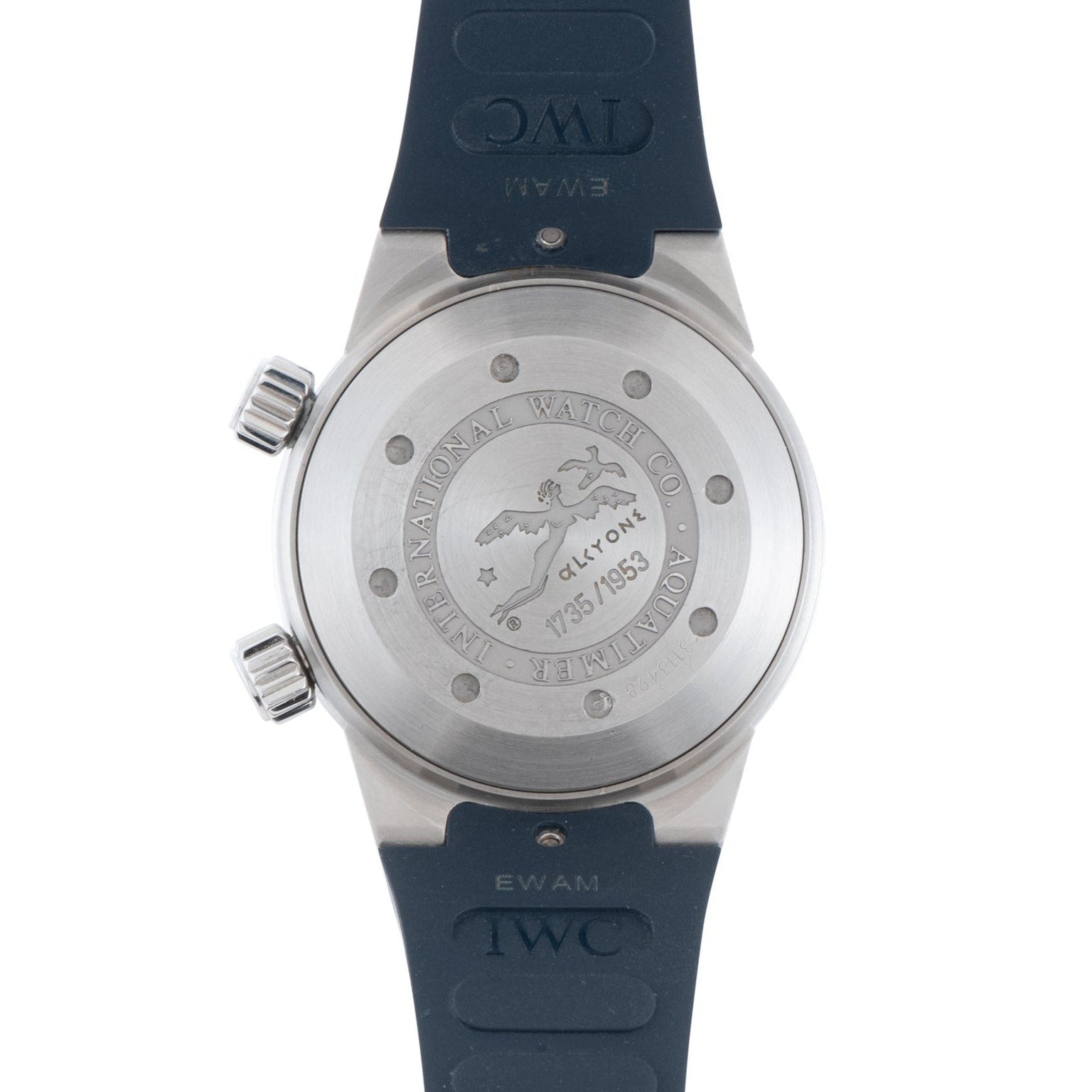 The back of the IWC Schaffhausen Aquatimer Cousteau Divers Limited Edition watch features engraved text and a black rubber strap.