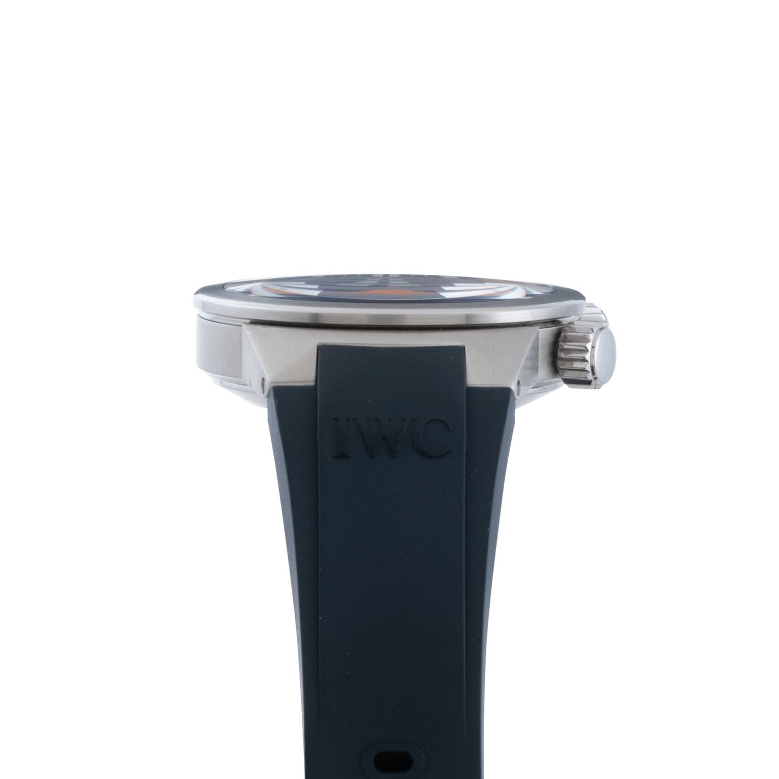 Side view of the IWC Schaffhausen Aquatimer Cousteau Divers Limited Edition wristwatch, featuring a black strap and silver case against a white background.