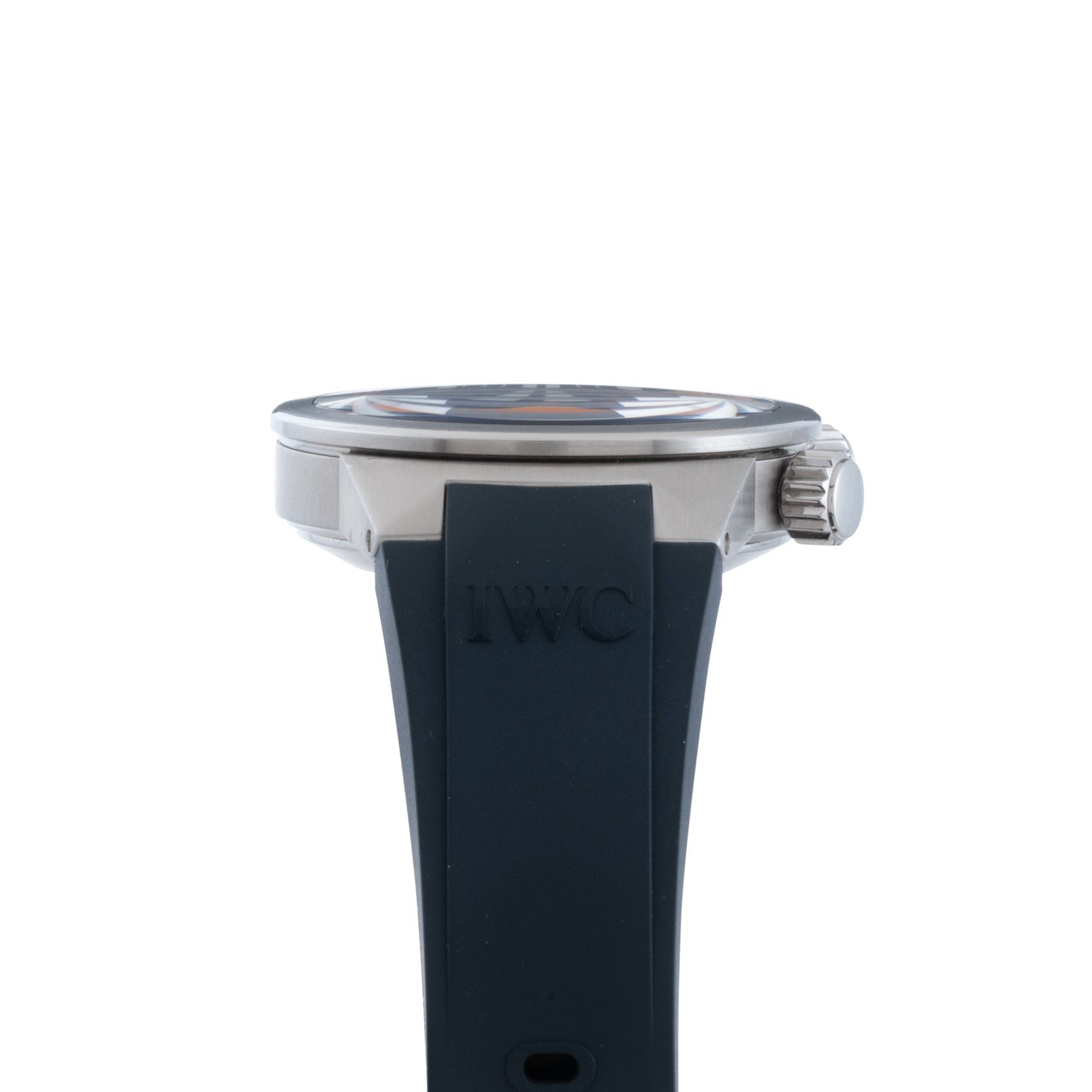 Side view of the IWC Schaffhausen Aquatimer Cousteau Divers Limited Edition wristwatch, featuring a black strap and silver case against a white background.