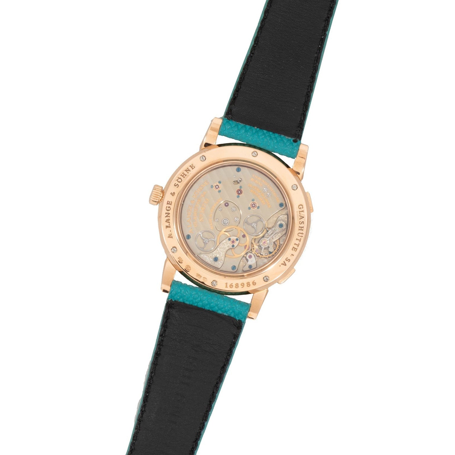 Back view of the Lange & Sohne Lange 1 Timezone luxury wristwatch, featuring an exposed mechanical movement and a black leather strap.