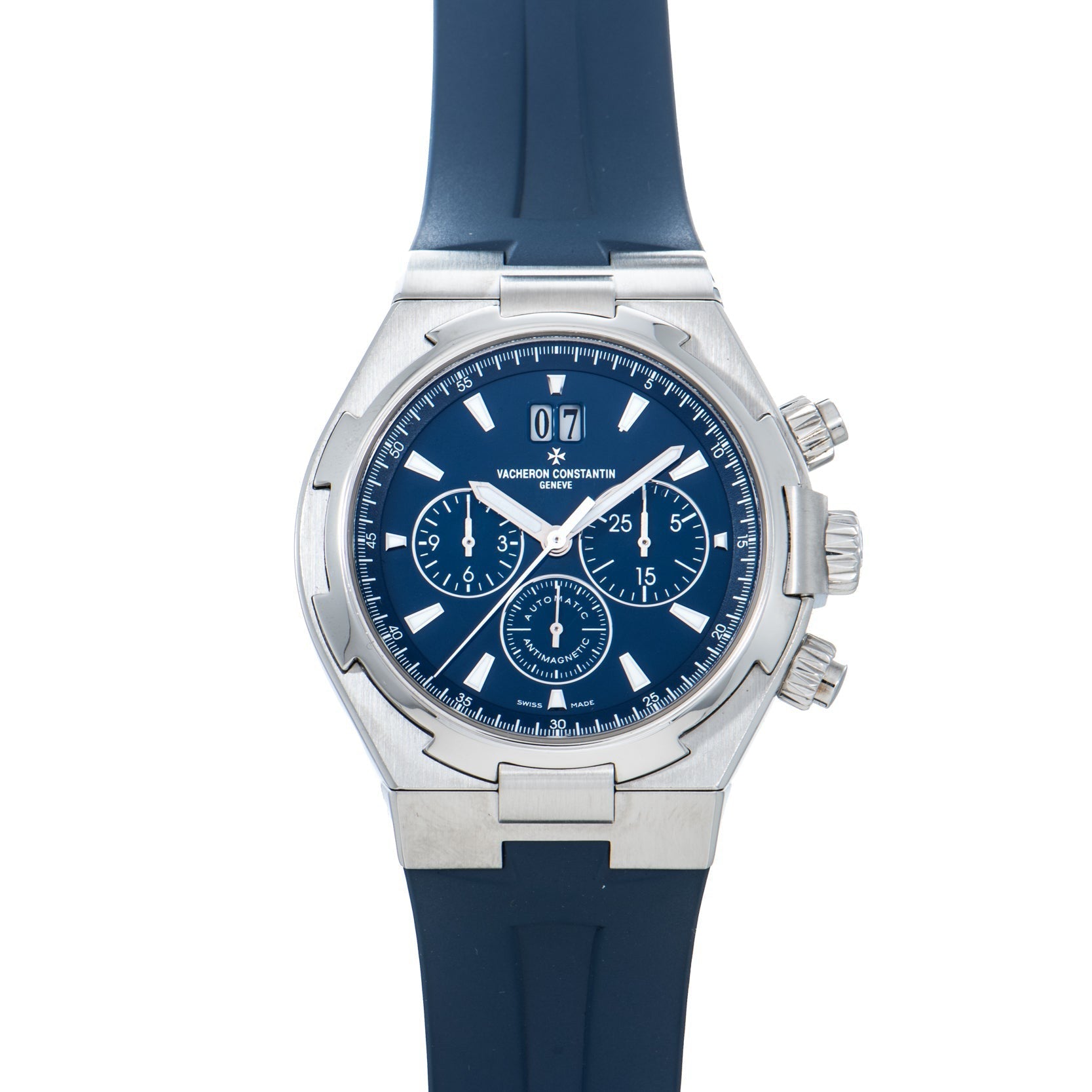 The Vacheron Constantin Overseas Chronograph is a silver watch with a blue face, blue rubber strap, and three subdials.